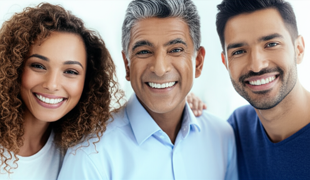 Happy dental patients smiling with perfect teeth after treatment