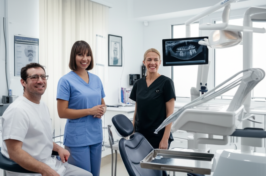 Modern dental office with happy patients and professional dentist